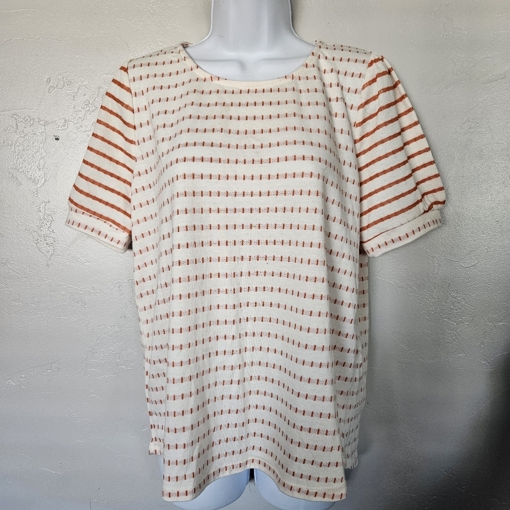Staccato NWT Women's Large Ivory White Orange Striped Dotted Short Sleeve Blouse